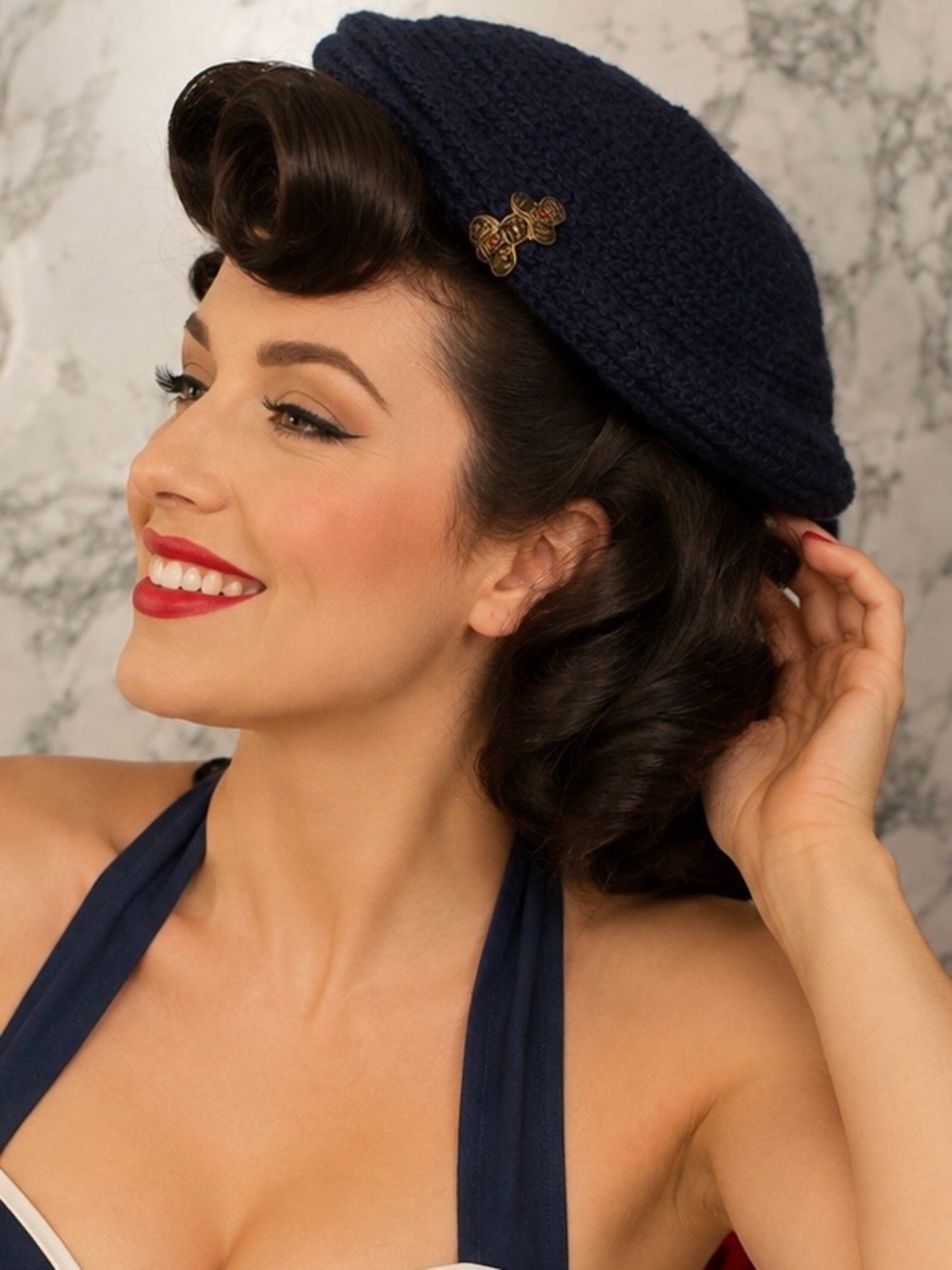Vintage MCM Originals by Everitt Needlepoint Crocheted Navy Wool Beret